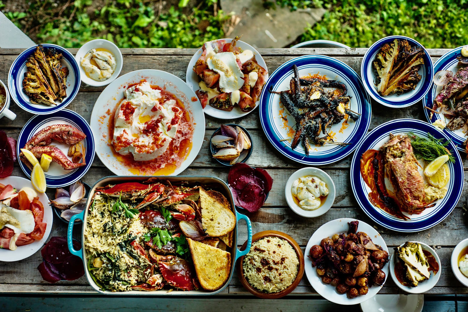 Overhead view of a full spread of shared plates